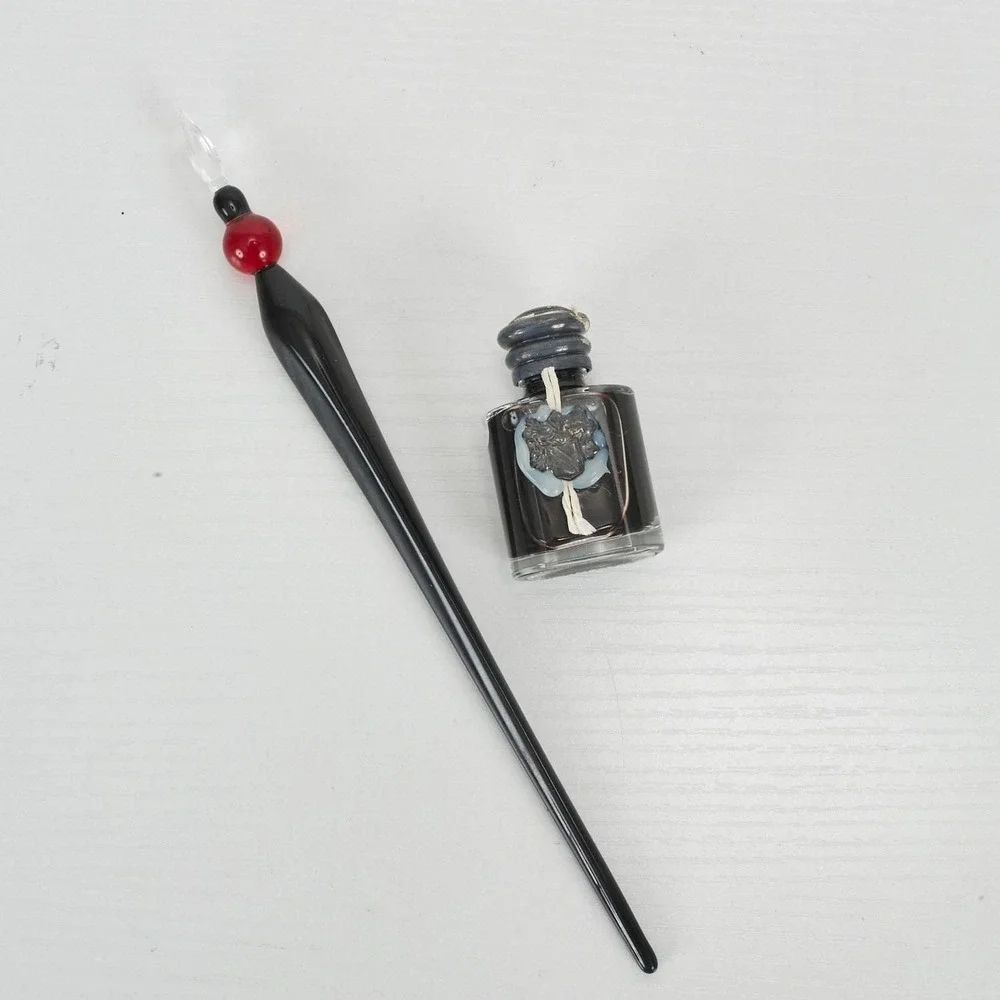 Murano Glass Dip‎ Pen Writing Set Handmade Italy Black Red Ink Boxed Gift Set